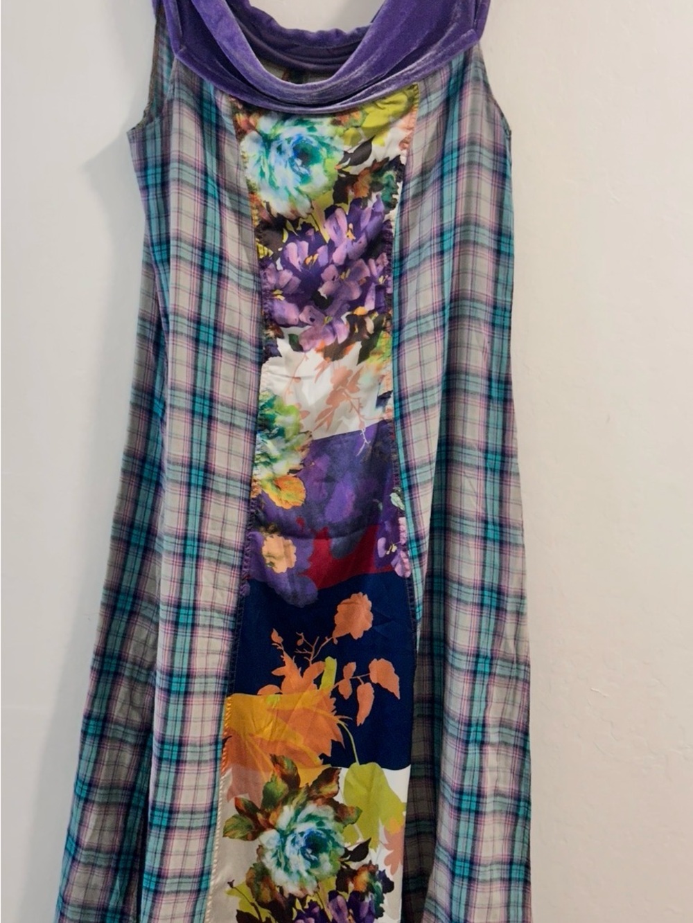 ARRATA Sleeveless Mixed-Print Maxi Dress in Aqua Floral and Plaid